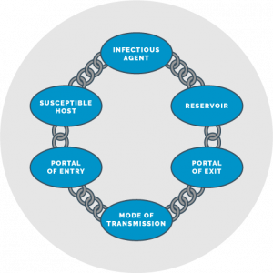 The Chain of Infection links infectious agent, reservoir, portal of exit, mode of transmission, portal of entry and susceptible host.