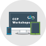 A tablet, smartphone and a computer monitor with the words CCP Workshops and the College logo.