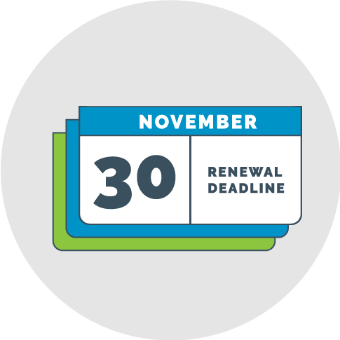 An abstract calendar showing the date as November 30th and the words Renewal Deadline. The abstract calendar is in the College’s colours: dark grey, bright blue, bright green and white. It is set on a background of a light grey circle.